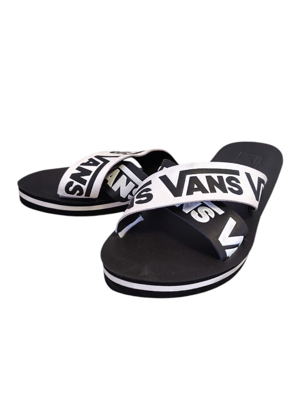 Vans‎ Black White Logo Cross Straps Slip On Slides Sandals SZ 7.5 Skater